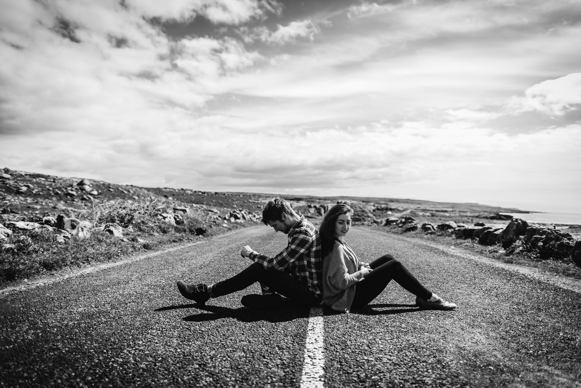 sitting middle of road engagement photos