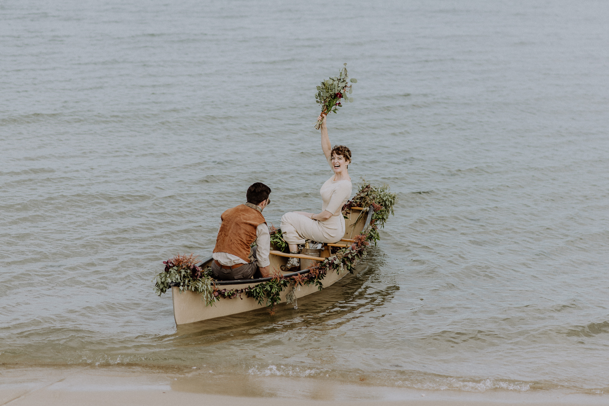 bride and groom canoe