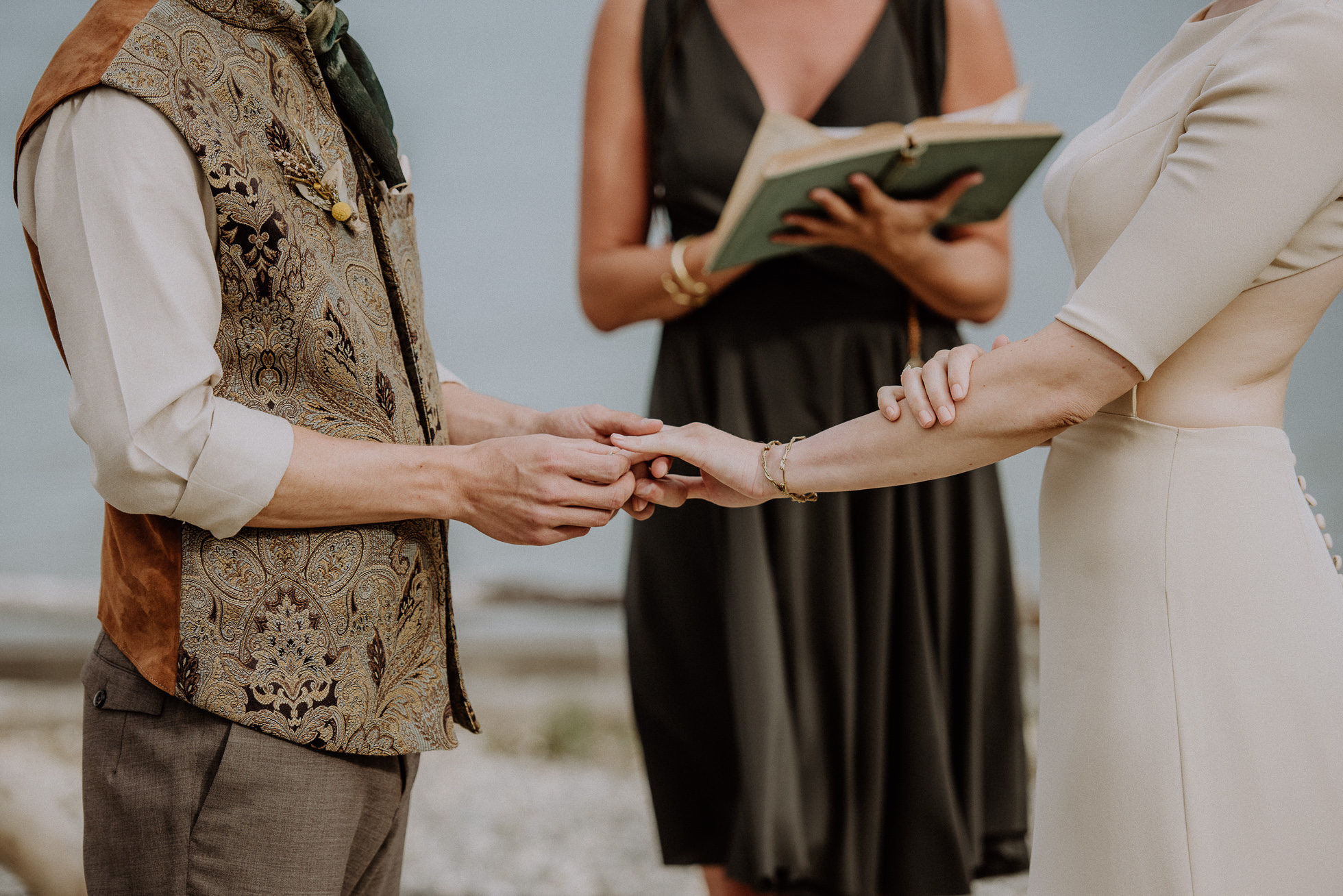 groom putting ring on bride