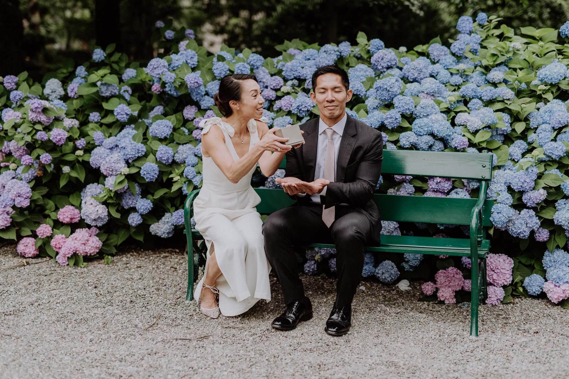 park bench wedding photos