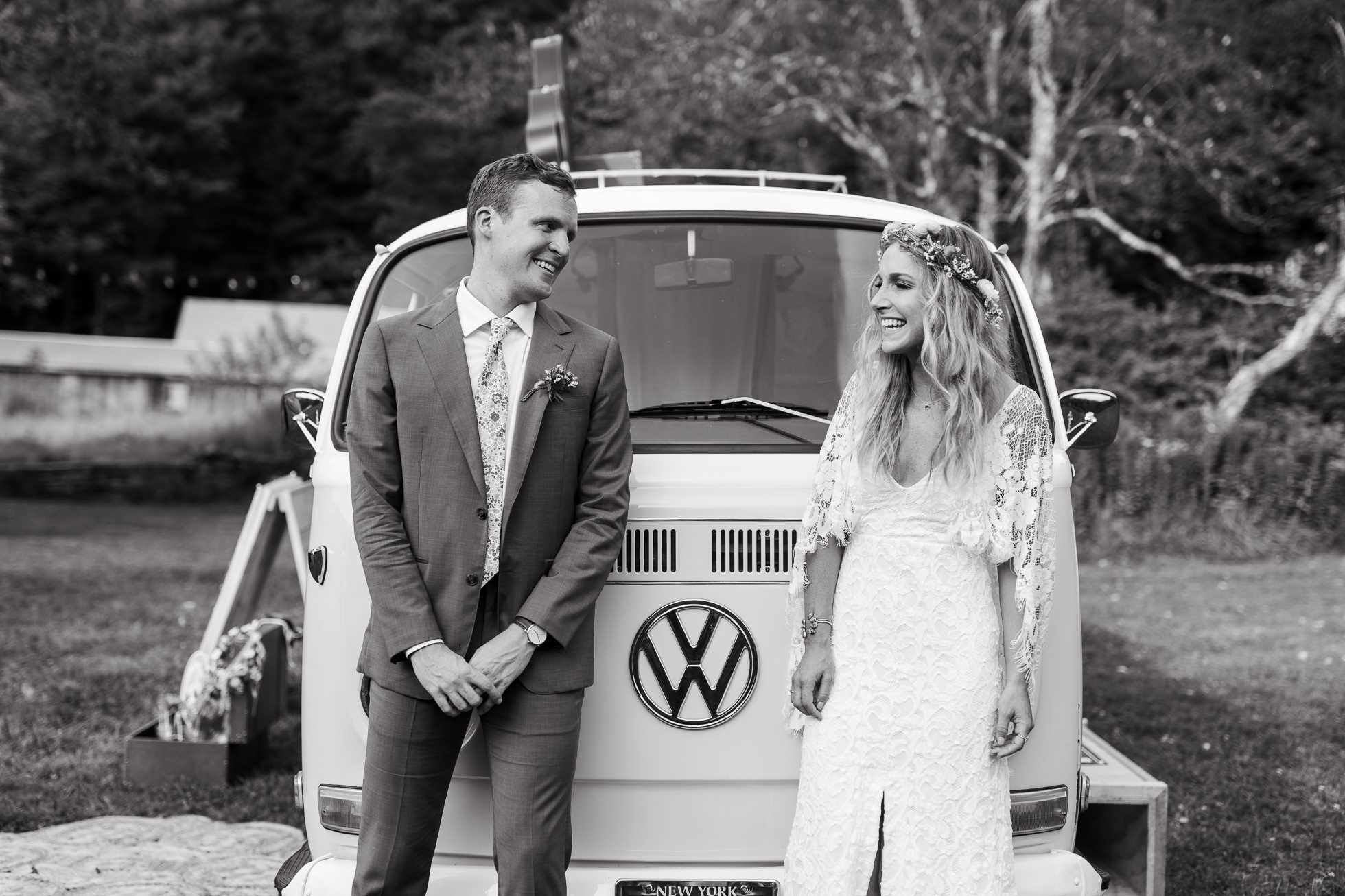 vw bus wedding portrait