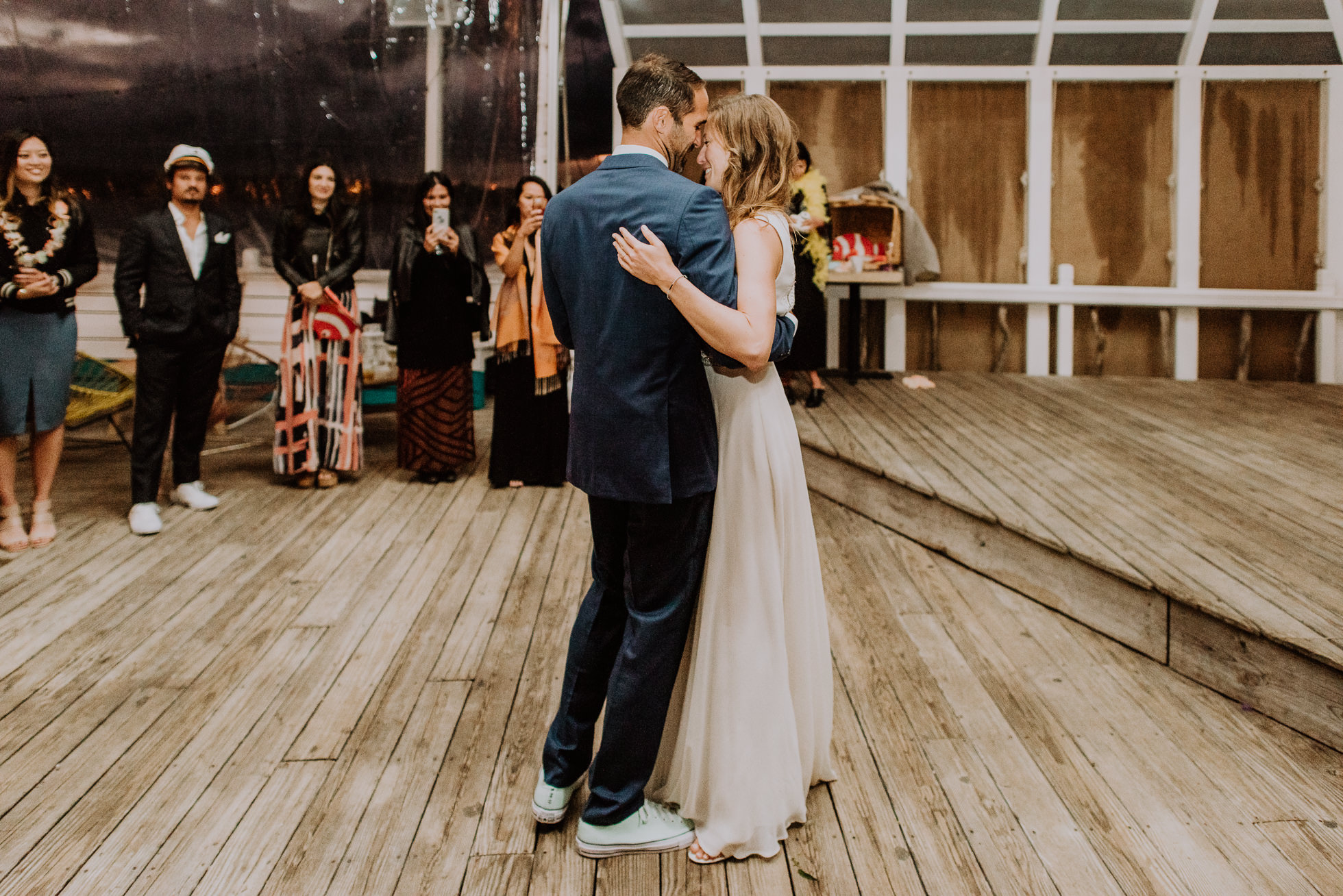 bride and groom first dance at the surf lodge reception Montauk wedding photographed by Traverse the Tides