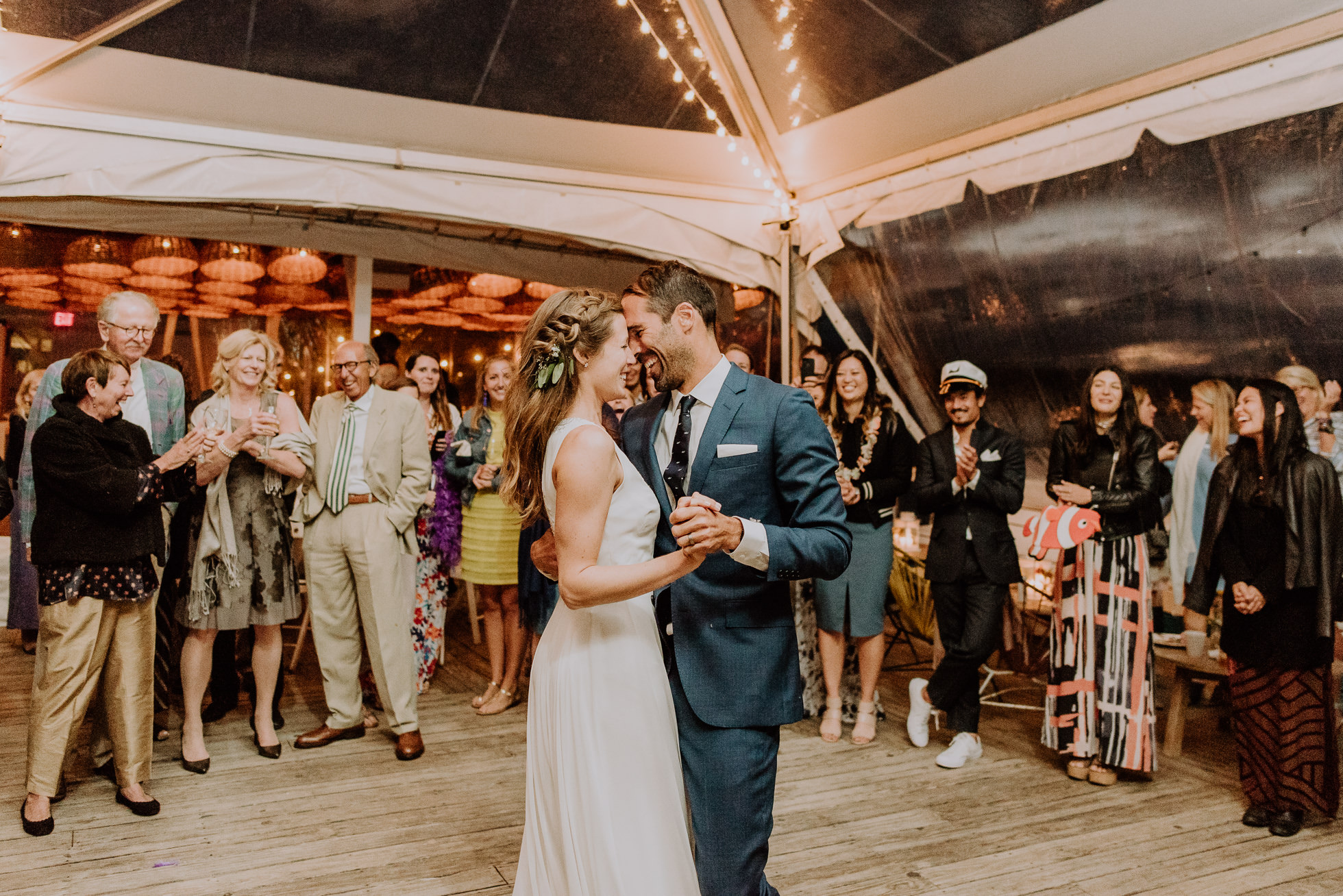 boho bride and groom first dance at the surf lodge reception Montauk wedding photographed by Traverse the Tides