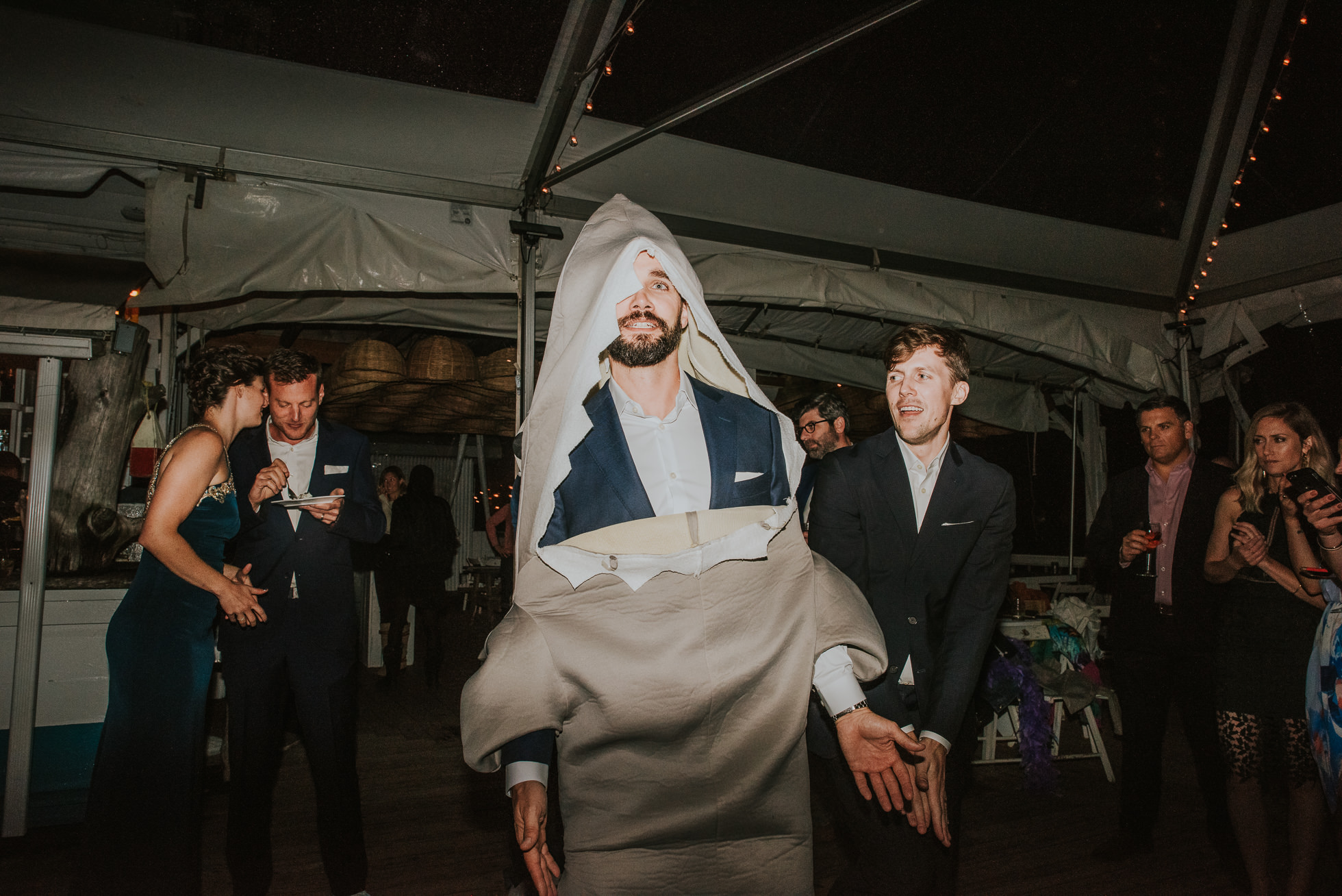 shark costume at reception Montauk wedding photographed by Traverse the Tides