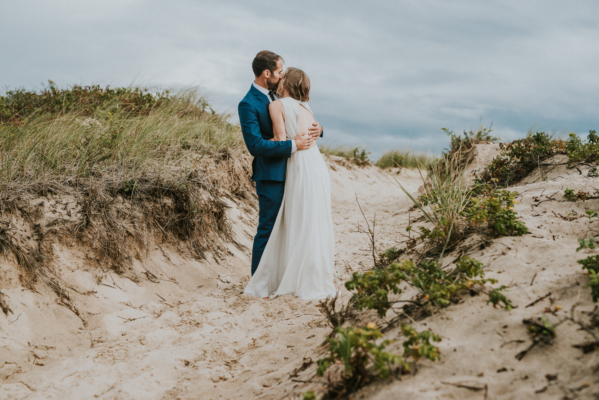 bride and groom portraits sand dunes Montauk wedding photographed by Traverse the Tides