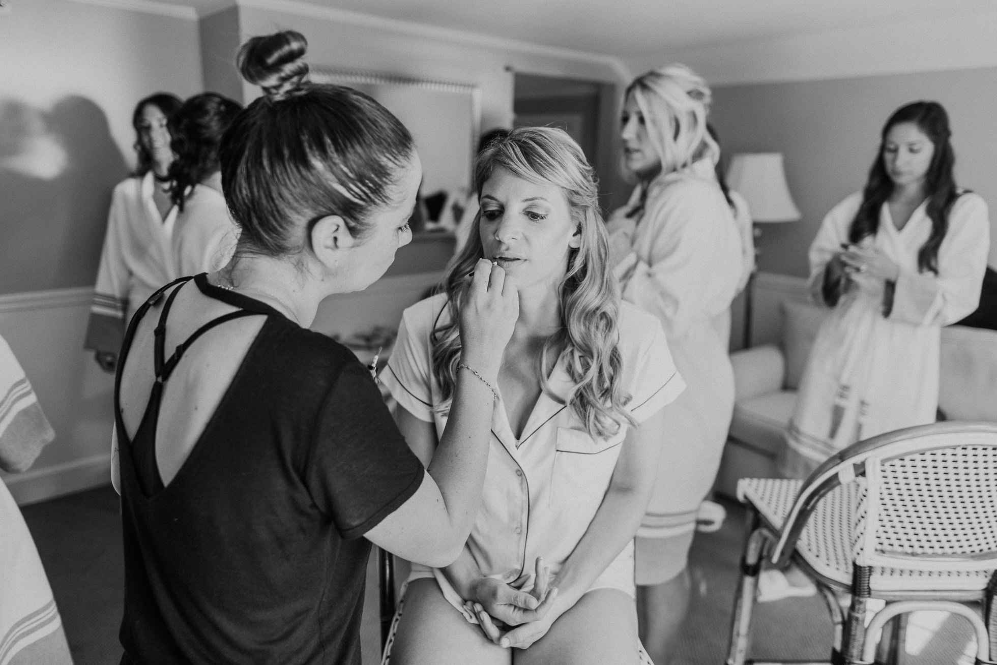 bride getting makeup Hamptons wedding