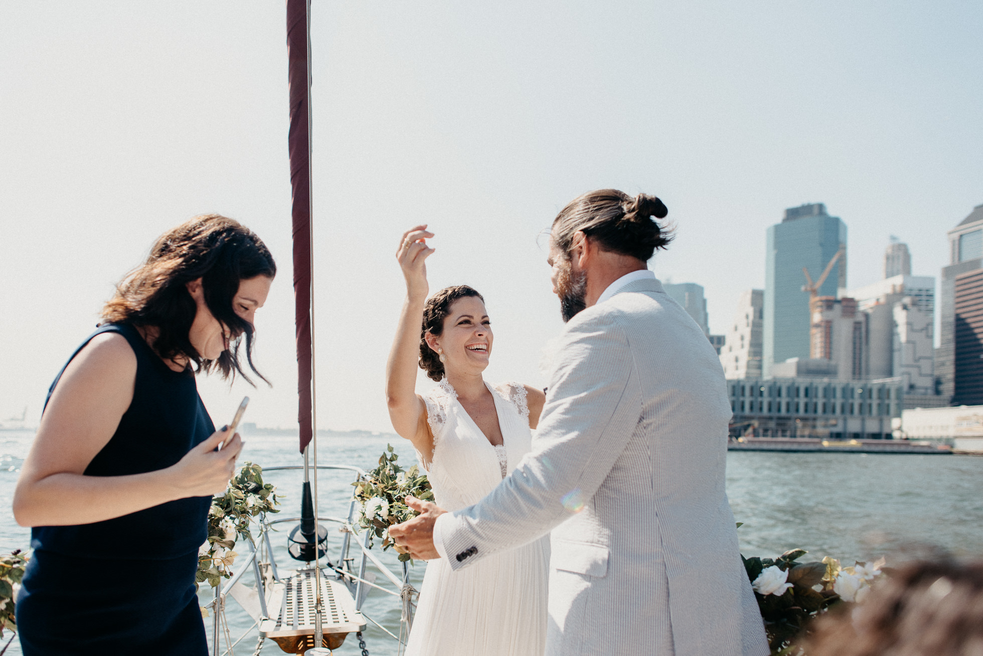 bride and groom on boat